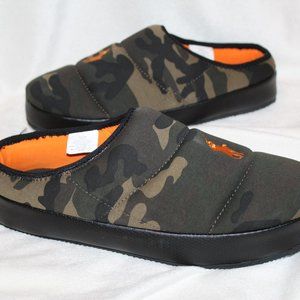 NIB POLO RALPH LAUREN MEN'S CAMOUFLAGE PUFFER SLIP ON SLIPPERS GREEN ORANGE